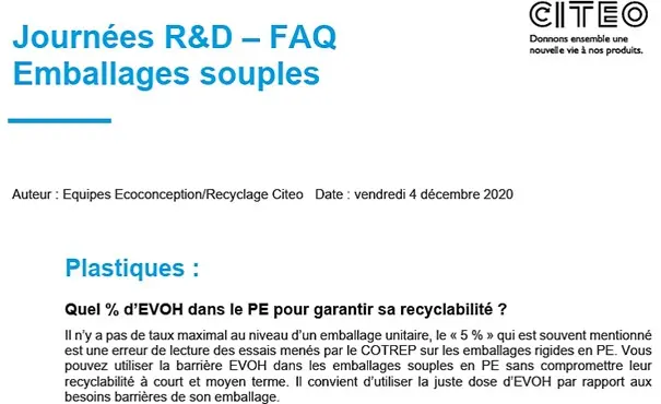 Article CITEO sur recyclabilité de l'EVOH de l'emballage souple personnalisé